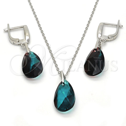 Sterling Silver Earring and Pendant Adult Set, Teardrop Design, with Blue Zircon Swarovski Crystals, Polished, Rhodium Finish, 10.281.0023.2