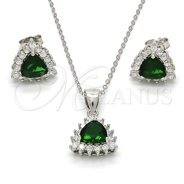 Sterling Silver Earring and Pendant Adult Set, with Green and White Cubic Zirconia, Polished, Rhodium Finish, 10.175.0052.1