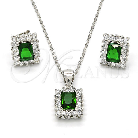 Sterling Silver Earring and Pendant Adult Set, Baguette Design, with Green and White Cubic Zirconia, Polished, Rhodium Finish, 10.175.0053.2