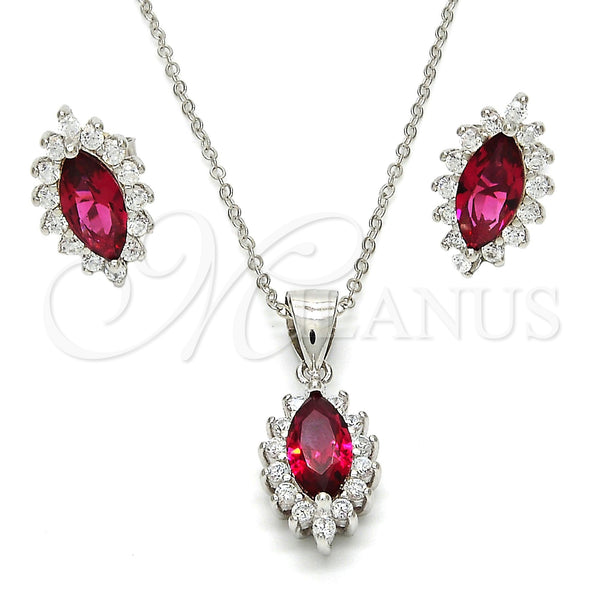 Sterling Silver Earring and Pendant Adult Set, with White and Ruby Cubic Zirconia, Polished, Rhodium Finish, 10.175.0056.2