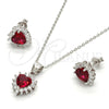 Sterling Silver Earring and Pendant Adult Set, Heart Design, with White and Ruby Cubic Zirconia, Polished, Rhodium Finish, 10.175.0058.2