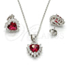 Sterling Silver Earring and Pendant Adult Set, Heart Design, with White and Ruby Cubic Zirconia, Polished, Rhodium Finish, 10.175.0058.2