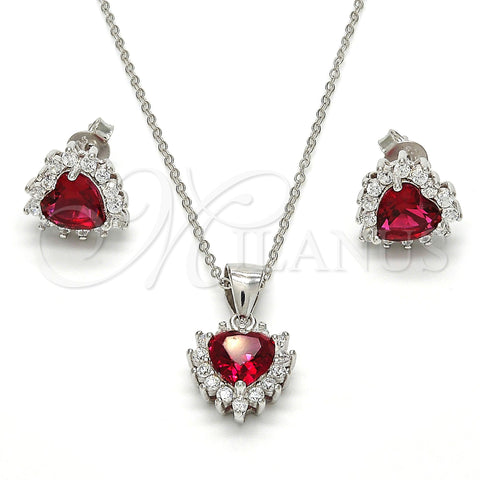 Sterling Silver Earring and Pendant Adult Set, Heart Design, with White and Ruby Cubic Zirconia, Polished, Rhodium Finish, 10.175.0058.2
