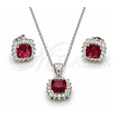 Sterling Silver Earring and Pendant Adult Set, with White and Ruby Cubic Zirconia, Polished, Rhodium Finish, 10.175.0059.2