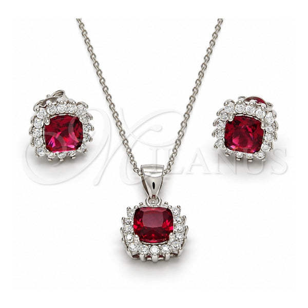 Sterling Silver Earring and Pendant Adult Set, with White and Ruby Cubic Zirconia, Polished, Rhodium Finish, 10.175.0059.2