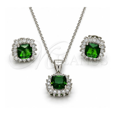 Sterling Silver Earring and Pendant Adult Set, with Green and White Cubic Zirconia, Polished, Rhodium Finish, 10.175.0059.3