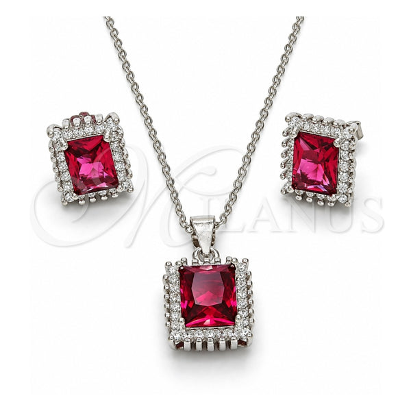 Sterling Silver Earring and Pendant Adult Set, with Garnet and White Cubic Zirconia, Polished, Rhodium Finish, 10.175.0061.2