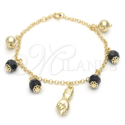 Oro Laminado Charm Bracelet, Gold Filled Style Hand and Ball Design, with Black Azavache, Polished, Golden Finish, 03.02.0049.7 (7 Inches Length)