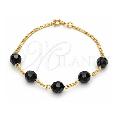 Oro Laminado Fancy Bracelet, Gold Filled Style with Black Azavache, Polished, Golden Finish, 03.02.0051.7 (7 Inches Length)