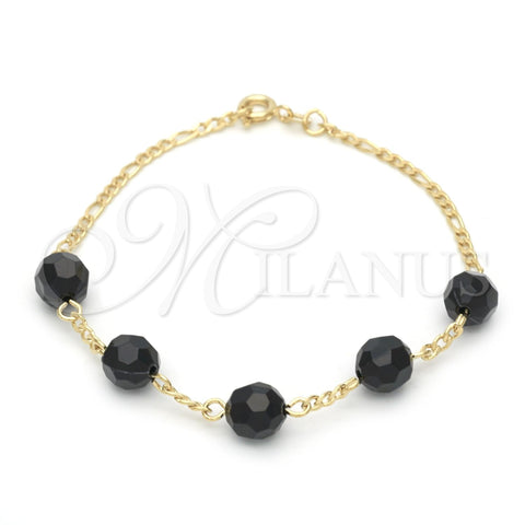 Oro Laminado Fancy Bracelet, Gold Filled Style with Black Azavache, Polished, Golden Finish, 03.02.0051.7 (7 Inches Length)