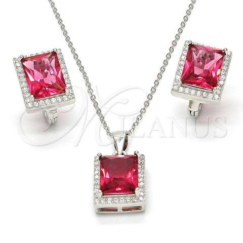 Sterling Silver Earring and Pendant Adult Set, with White Micro Pave and Ruby Cubic Zirconia, Polished, Rhodium Finish, 10.175.0065.3