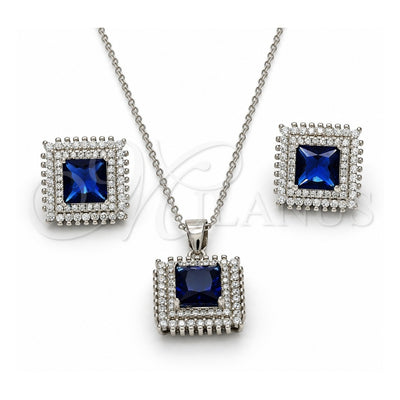 Sterling Silver Earring and Pendant Adult Set, with Sapphire Blue Cubic Zirconia and White Crystal, Polished, Rhodium Finish, 10.175.0066.2
