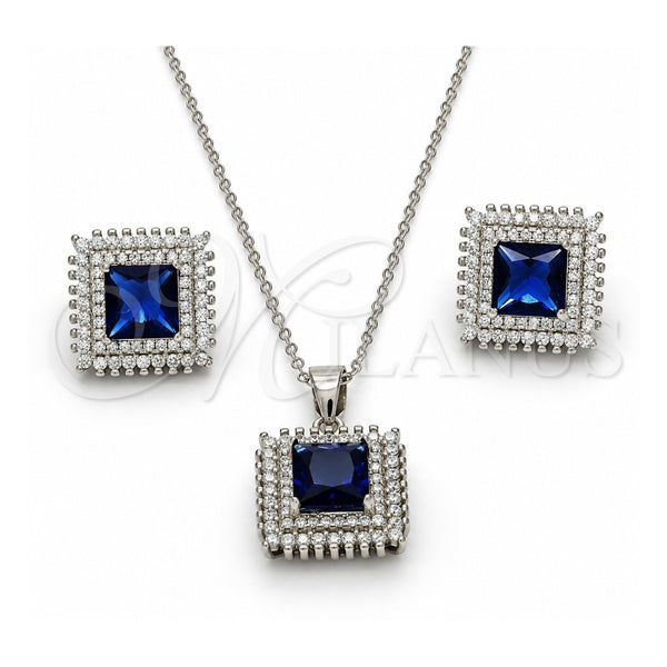 Sterling Silver Earring and Pendant Adult Set, with Sapphire Blue Cubic Zirconia and White Crystal, Polished, Rhodium Finish, 10.175.0066.2