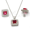 Sterling Silver Earring and Pendant Adult Set, with White Crystal and Ruby Cubic Zirconia, Polished, Rhodium Finish, 10.175.0066.3