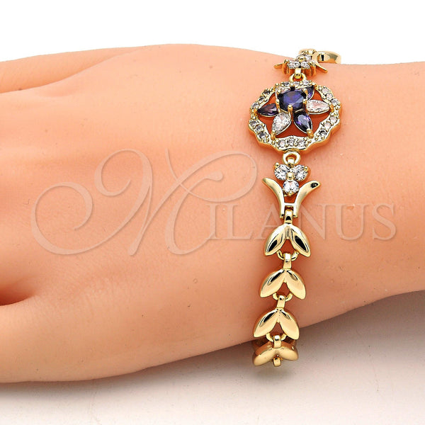 Oro Laminado Fancy Bracelet, Gold Filled Style Flower and Leaf Design, with Amethyst and White Cubic Zirconia, Polished, Golden Finish, 03.210.0042.2.08 (09 MM Thickness, 8 Inches Length)