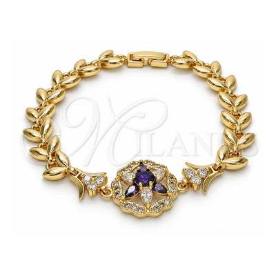 Oro Laminado Fancy Bracelet, Gold Filled Style Flower and Leaf Design, with Amethyst and White Cubic Zirconia, Polished, Golden Finish, 03.210.0042.2.08 (09 MM Thickness, 8 Inches Length)