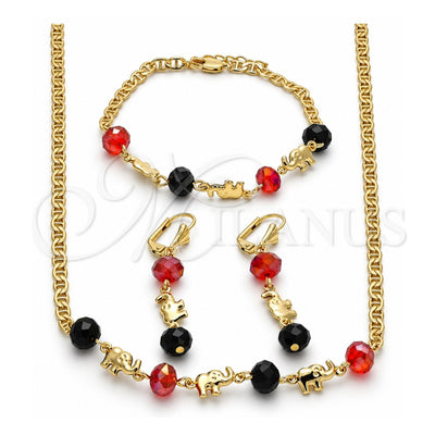 Oro Laminado Necklace, Bracelet and Earring, Gold Filled Style Elephant Design, with Garnet and Black Crystal, Polished, Golden Finish, 06.213.0001