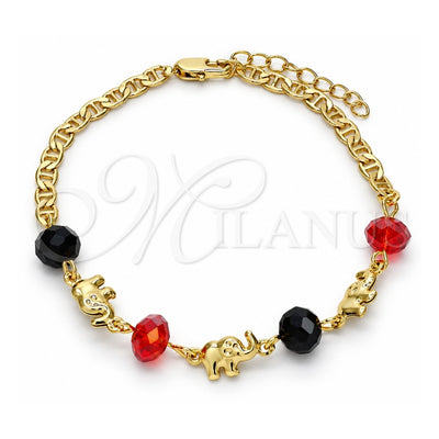 Oro Laminado Fancy Bracelet, Gold Filled Style Elephant Design, with Garnet and Black Crystal, Polished, Golden Finish, 03.213.0043.08 (04 MM Thickness, 8 Inches Length)