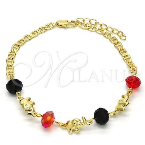 Oro Laminado Fancy Bracelet, Gold Filled Style Elephant Design, with Garnet and Black Crystal, Polished, Golden Finish, 03.213.0043.08 (04 MM Thickness, 8 Inches Length)