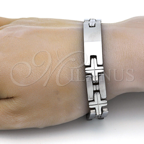 Stainless Steel Solid Bracelet, Cross Design, Polished, Steel Finish, 03.114.0229.09 (12 MM Thickness, 9 Inches Length)