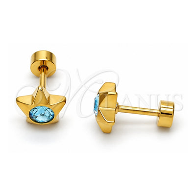 Stainless Steel Stud Earring, Star Design, with Aqua Blue Crystal, Polished, Golden Finish, 02.271.0016.10