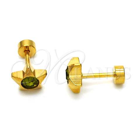 Stainless Steel Stud Earring, Star Design, with Dark Peridot Crystal, Polished, Golden Finish, 02.271.0016.11