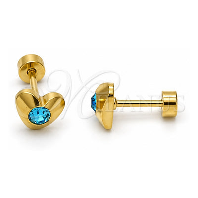 Stainless Steel Stud Earring, Heart Design, with Aqua Blue Crystal, Polished, Golden Finish, 02.271.0004.3
