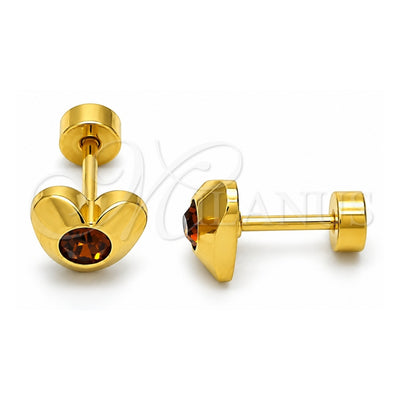 Stainless Steel Stud Earring, Heart Design, with Brown Crystal, Polished, Golden Finish, 02.271.0004.7