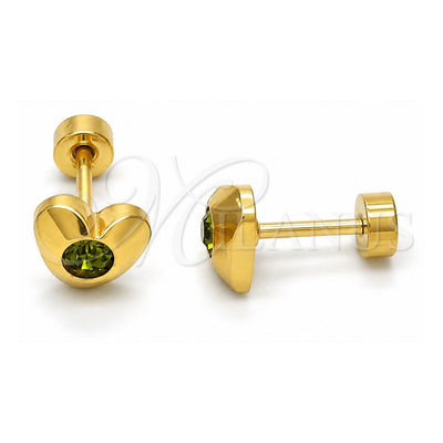 Stainless Steel Stud Earring, Heart Design, with Dark Peridot Crystal, Polished, Golden Finish, 02.271.0004.9