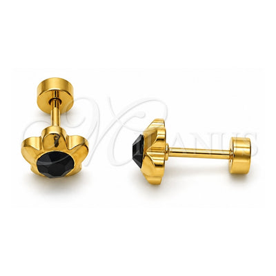 Stainless Steel Stud Earring, Flower Design, with Black Crystal, Polished, Golden Finish, 02.271.0019.4