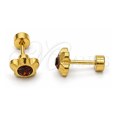 Stainless Steel Stud Earring, Flower Design, with Brown Crystal, Polished, Golden Finish, 02.271.0019.5
