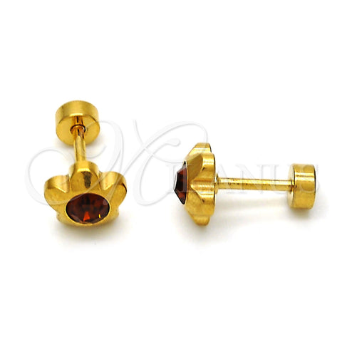 Stainless Steel Stud Earring, Flower Design, with Brown Crystal, Polished, Golden Finish, 02.271.0019.5