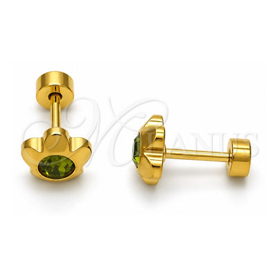 Stainless Steel Stud Earring, Flower Design, with Dark Peridot Crystal, Polished, Golden Finish, 02.271.0019.6