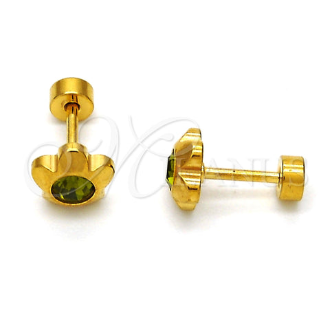 Stainless Steel Stud Earring, Flower Design, with Dark Peridot Crystal, Polished, Golden Finish, 02.271.0019.6