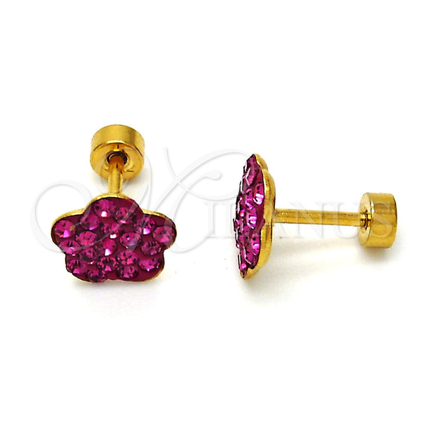 Stainless Steel Stud Earring, Flower Design, with Ruby Crystal, Polished, Golden Finish, 02.271.0020