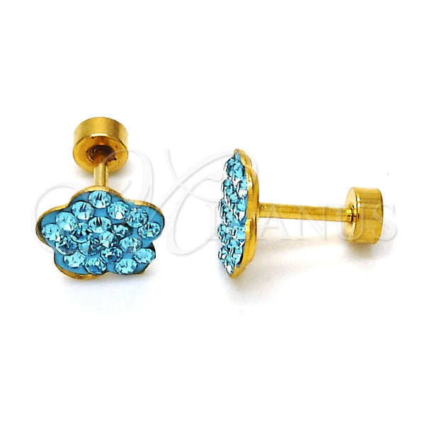 Stainless Steel Stud Earring, Flower Design, with Aqua Blue Crystal, Polished, Golden Finish, 02.271.0020.2