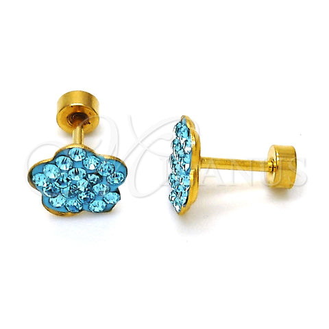 Stainless Steel Stud Earring, Flower Design, with Aqua Blue Crystal, Polished, Golden Finish, 02.271.0020.2