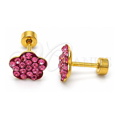 Stainless Steel Stud Earring, Flower Design, with Pink Crystal, Polished, Golden Finish, 02.271.0020.8
