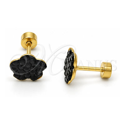Stainless Steel Stud Earring, Flower Design, with Black Crystal, Polished, Golden Finish, 02.271.0020.9