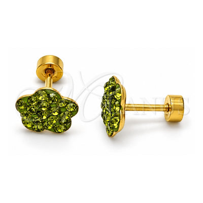 Stainless Steel Stud Earring, Flower Design, with Dark Peridot Crystal, Polished, Golden Finish, 02.271.0020.10