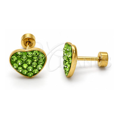 Stainless Steel Stud Earring, Heart Design, with Light Green Crystal, Polished, Golden Finish, 02.271.0022.4