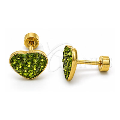 Stainless Steel Stud Earring, Heart Design, with Dark Peridot Crystal, Polished, Golden Finish, 02.271.0022.11