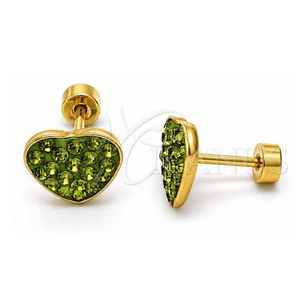 Stainless Steel Stud Earring, Heart Design, with Dark Peridot Crystal, Polished, Golden Finish, 02.271.0022.11