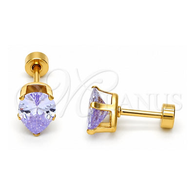 Stainless Steel Stud Earring, Teardrop Design, with Lavender Cubic Zirconia, Polished, Golden Finish, 02.271.0023.6