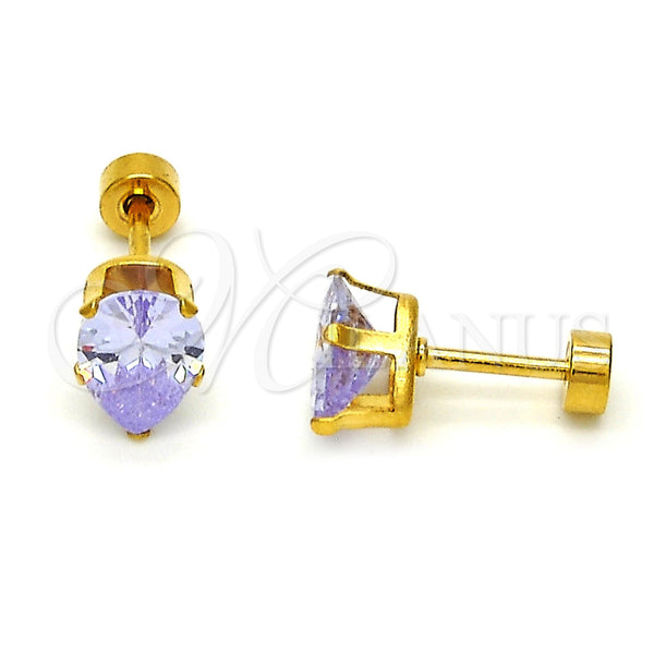 Stainless Steel Stud Earring, Teardrop Design, with Lavender Cubic Zirconia, Polished, Golden Finish, 02.271.0023.6
