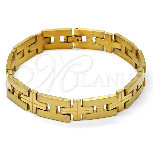 Stainless Steel Solid Bracelet, Cross Design, Polished, Golden Finish, 03.114.0229.1.09 (12 MM Thickness, 9 Inches Length)