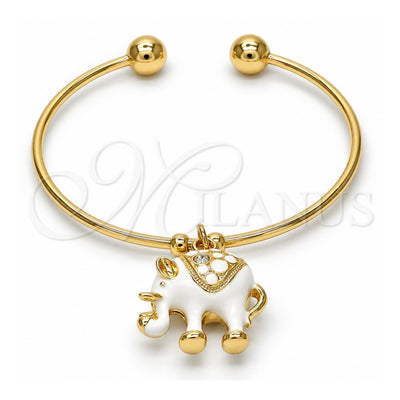Oro Laminado Individual Bangle, Gold Filled Style Elephant Design, with White Crystal, White Enamel Finish, Golden Finish, 07.179.0002 (02 MM Thickness, One size fits all)