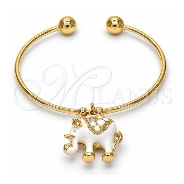 Oro Laminado Individual Bangle, Gold Filled Style Elephant Design, with White Crystal, White Enamel Finish, Golden Finish, 07.179.0002 (02 MM Thickness, One size fits all)
