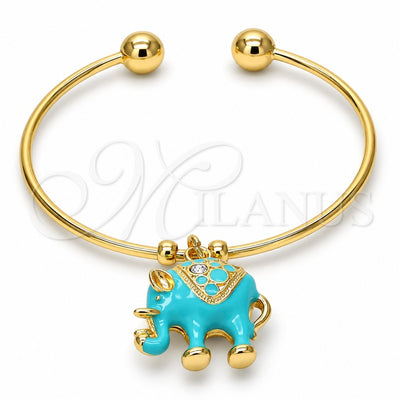 Oro Laminado Individual Bangle, Gold Filled Style Elephant Design, with White Crystal, Turquoise Enamel Finish, Golden Finish, 07.179.0002.2 (02 MM Thickness, One size fits all)