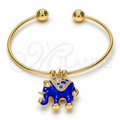 Oro Laminado Individual Bangle, Gold Filled Style Elephant Design, with White Crystal, Blue Enamel Finish, Golden Finish, 07.179.0002.3 (02 MM Thickness, One size fits all)